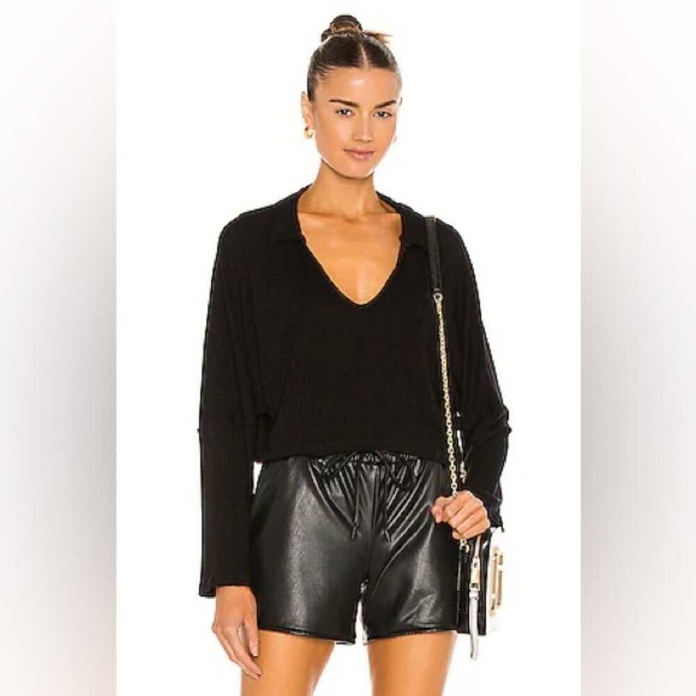 REVOLVE X LNA black V neck cropped oversized long sleeve cape top large euc